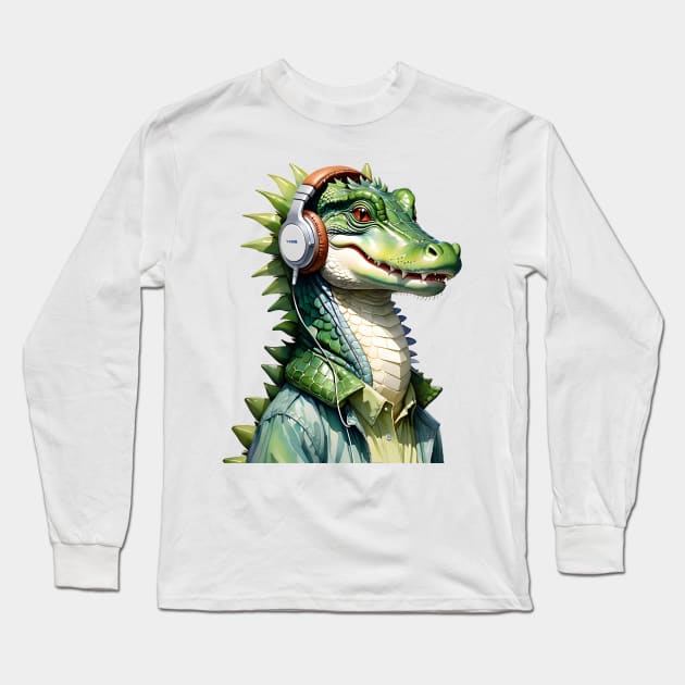 Alligator Earphones Long Sleeve T-Shirt by Carpede